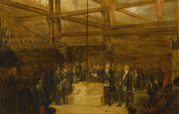 Масло, картина, картон, 1870, неизвестный художник, Церемония Шотландских Массонов