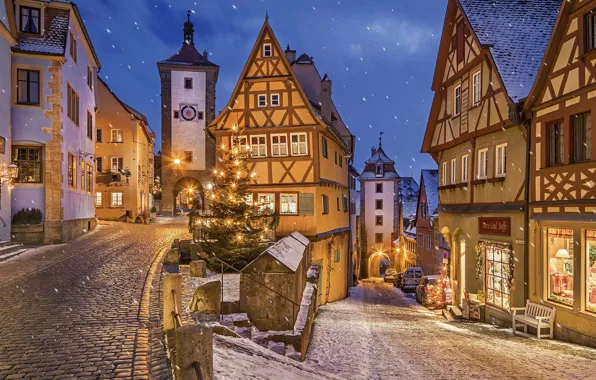 Картинка ночь, огни, дома, Германия, Бавария, Рождество, Ротенбург-на-Таубере, Ротенбург-об-дер-Таубер