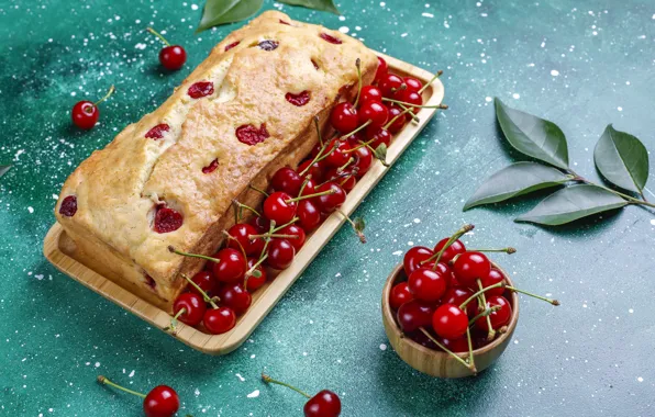 Листья, вишня, ягоды, пирог, вишневый, зеленый фон, черешня, выпечка