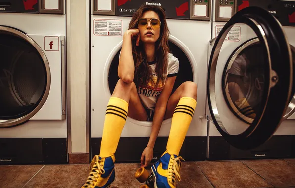 Long hair, model, women, brunette, sitting, washing machine, women with glasses, women indoors