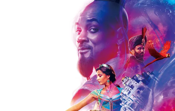 Фэнтези, попугай, белый фон, постер, дворец, Aladdin, Will Smith, Уилл Смит