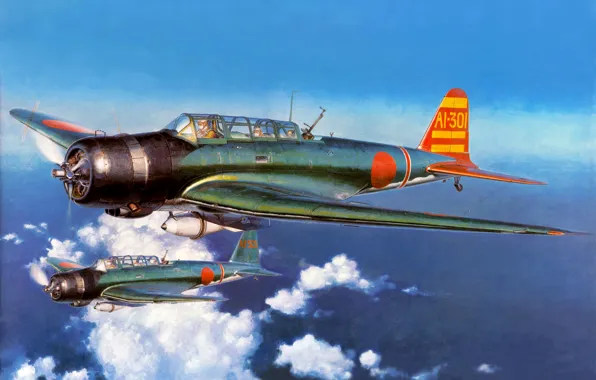 Небо, облака, рисунок, арт, самолёты, WW2, тип 97, Nakajima B5N
