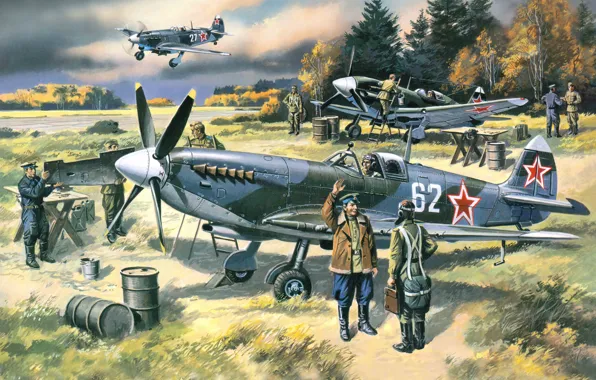Картинка самолет, истребитель, арт, СССР, аэродром, английский, ВОВ, Spitfire