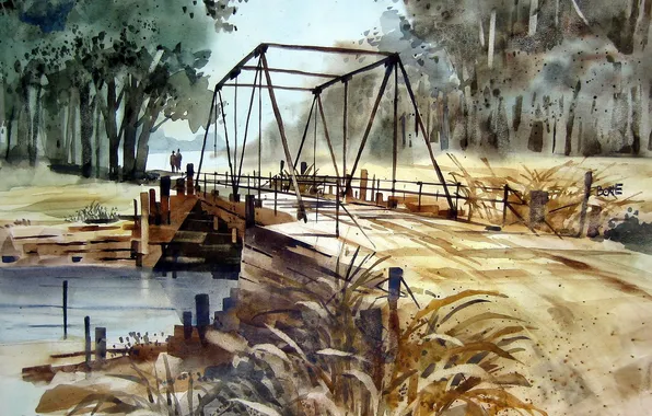 Картинка мост, река, акварель