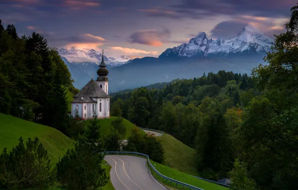 Дорога, лес, горы, Германия, Бавария, церковь, Germany, Bavaria