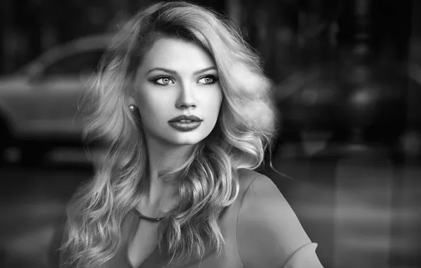 Девушка, портрет, макияж, прическа, блондинка, черно-белое, боке, Ekaterina