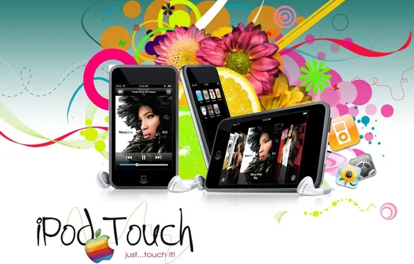 Картинка цветы, apple, наушники, art, Hi-Tech, mobile, iPod Touch