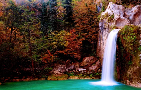 Картинка осень, лес, деревья, камни, водопад