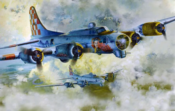 Картинка небо, рисунок, бомбардировщики, самолёты, Вторая мировая война, Б-17, американские.тяжёлые