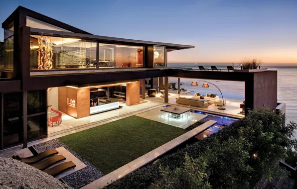 Океан, побережье, вилла, вечер, архитектура, South Africa, by SAOTA, outside-inside house