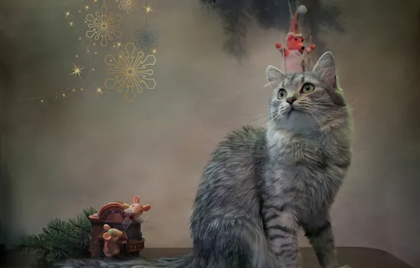 Кошка, животное, ветка, ель, снежинки, Ковалёва Светлана, мыши, новый год