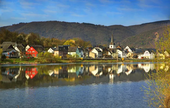 Картинка горы, река, фото, дома, Город, Германия, Бридерн
