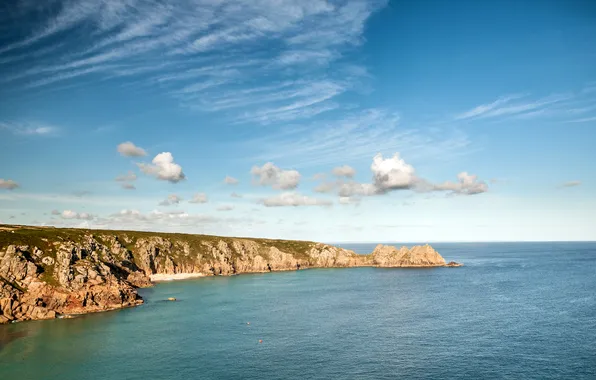 Море, пейзаж, побережье, England, Porthcurno