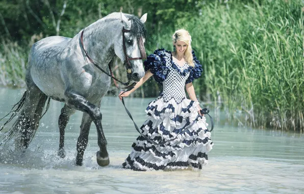 Картинка вода, девушка, настроение, конь, платье, камыш, прогулка