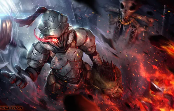 Фон, огонь, голова, рыцарь, Goblin Slayer, Убийца гоблинов