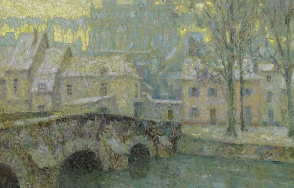 Зима, мост, дома, картина, городской пейзаж, Henri Le Sedaner, Анри Ле Сиданэ, Шартр в Снегу