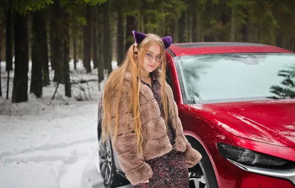 Зима, лес, очки, блондинка, Japan, Mazda