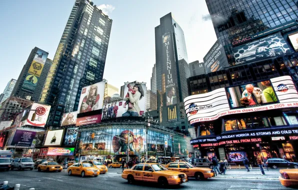Дорога, Нью-Йорк, небоскребы, реклама, такси