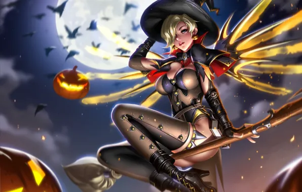 Moon, game, ass, halloween, sky, mecha, hat, boobs