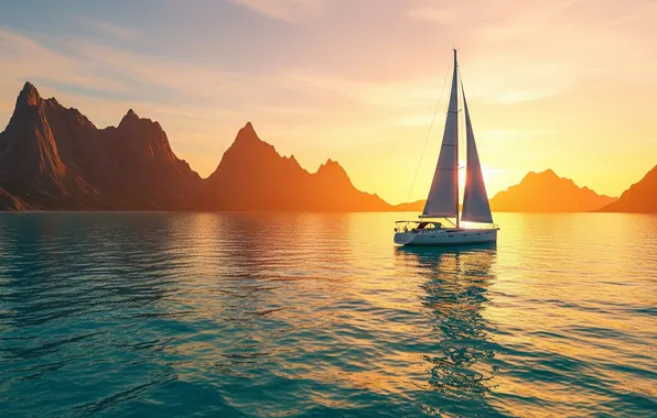 Небо, вода, закат, горы, обои, парусник, арт, wallpaper