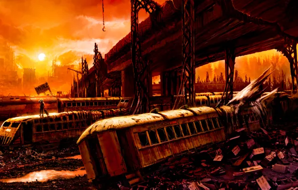 Картинка мост, апокалипсис, поезд, вагон, руины, Romantically Apocalyptic