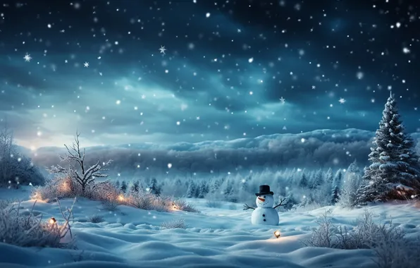 Картинка зима, снег, Рождество, Новый год, снеговик, Christmas, snow, bokeh