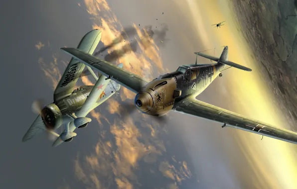 Картинка война, чайка, И-153, Ме-109, сражение в небе