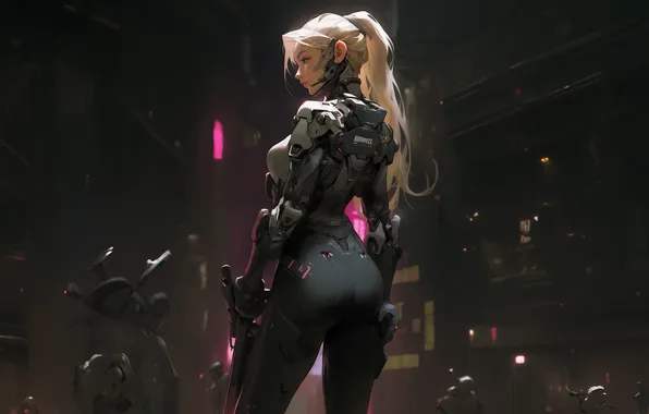 Women, AI art, anime, illustration, cyberpunk, assassins, blonde, weapon