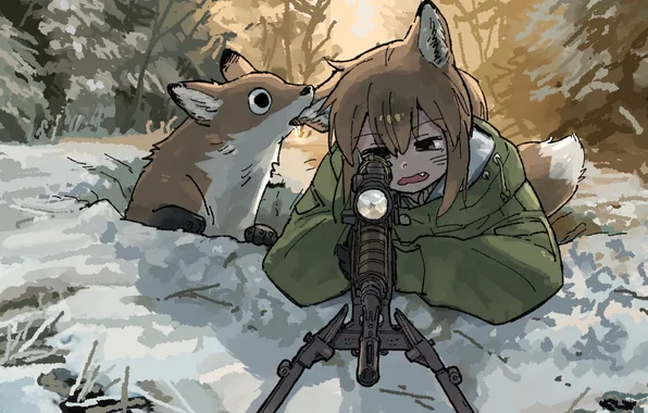 Девушка, оружие, лиса, Аниме, Anime, оптический прицел, на охоте, Anime girls