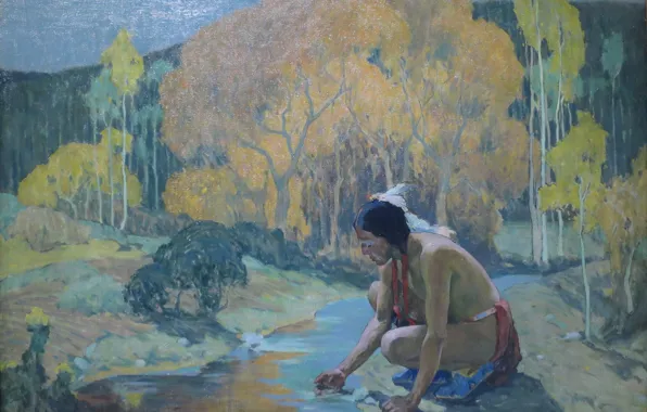 Картинка ручей, индеец, 1927, Eanger Irving Couse, Autumn Moon