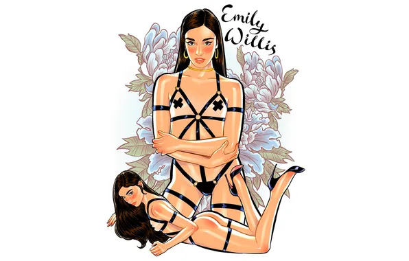 Цветы, рисунок, белье, чулки, туфли, шатенка, Emily Willis
