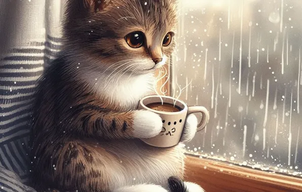 Кошка, взгляд, стекло, поза, котенок, дождь, рисунок, окно