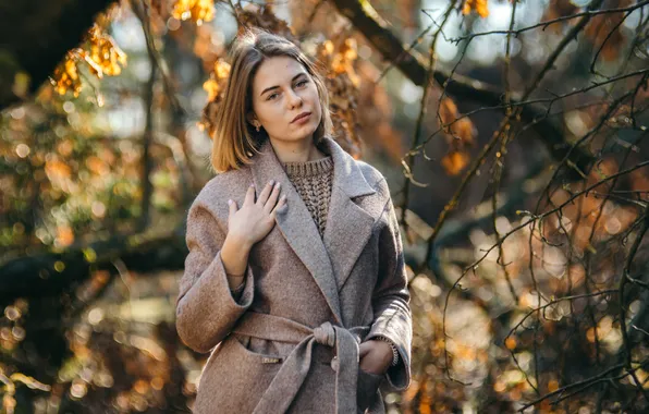 Осень, лес, девушка, пальто, фотосессия