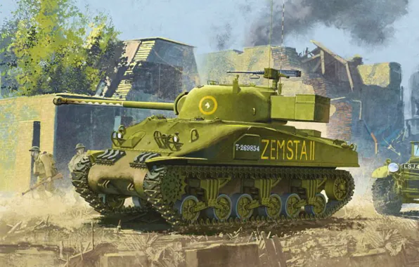 War, art, painting, tank, ww2, Sherman Firefly