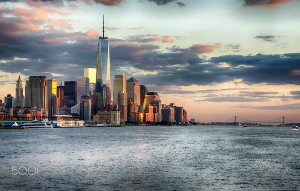 Картинка море, мост, город, океан, США, Нью Йорк