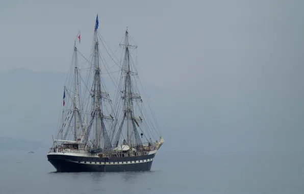 Море, Франция, корабль, парусник, дымка, Антиб