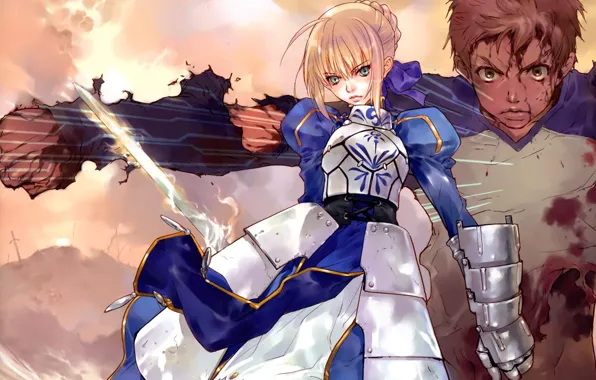Девушка, кровь, аниме, арт, парень, Fate/Stay Night, сейбер, Широ Эмия