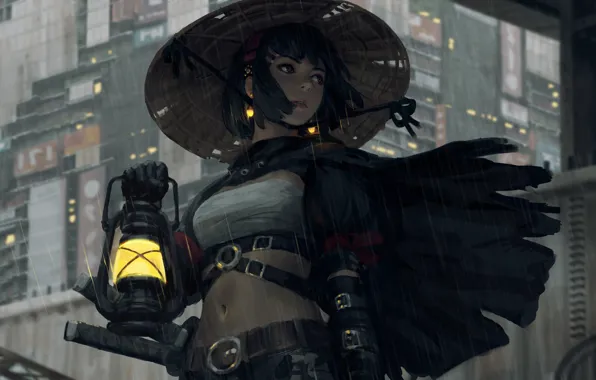 Картинка girl, sword, fantasy, rain, hat, katana, samurai, digital art