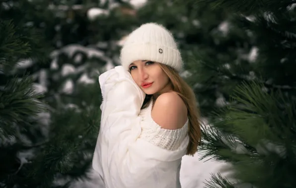 Зима, взгляд, девушка, ветки, лицо, поза, плечо, шапочка
