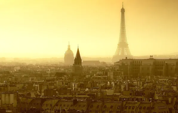 Картинка city, light, Paris, France, sun, fog, houses, sunrise