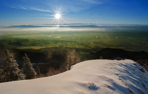 Картинка зима, солнце, снег, долина, дымка