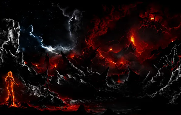 Картинка тучи, скалы, огонь, темно, человек, арт, лава, Alberto Vangelista