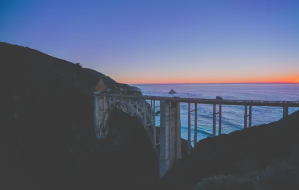 Картинка мост, камни, океан, сумрак, горизонт, Калифорния, Биг-Сур