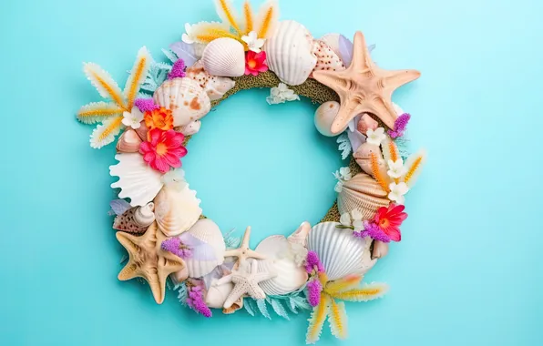 Звезды, цветы, фон, ракушки, blue, flowers, background, marine