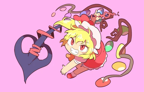 Злость, крылья, красные глаза, розовый фон, чепчик, touhou, art, пика