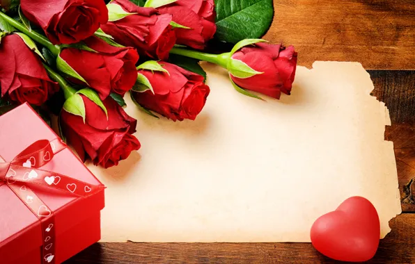 Цветы, подарок, розы, букет, красные, сердечко