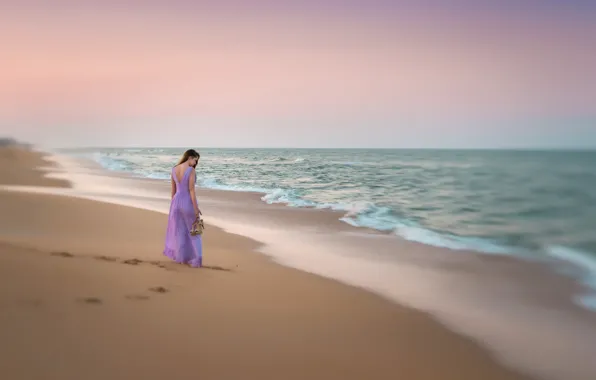 Картинка песок, пляж, девушка, платье