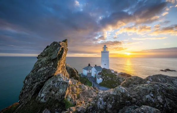 House, sky, rocks, sun, lighthouse