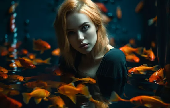 Взгляд, вода, девушка, рыбки, лицо, рендеринг, фантазия, графика