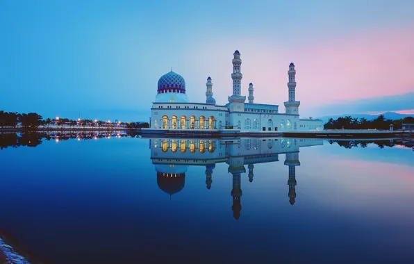 Картинка облака, закат, отражение, зеркало, сумерки, Малайзия, Likas Бэй, города Кота-Кинабалу Мечеть